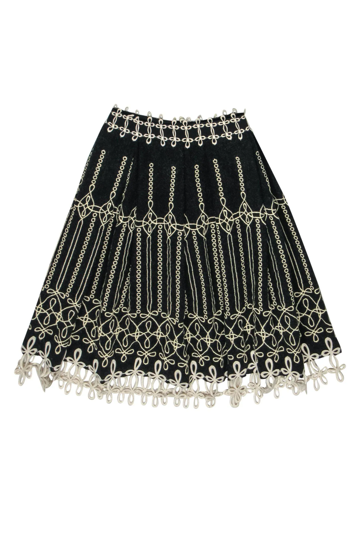 Anna Sui - Dark Gray Wool Blend Pleated Skirt w/ Embroidery Sz 2