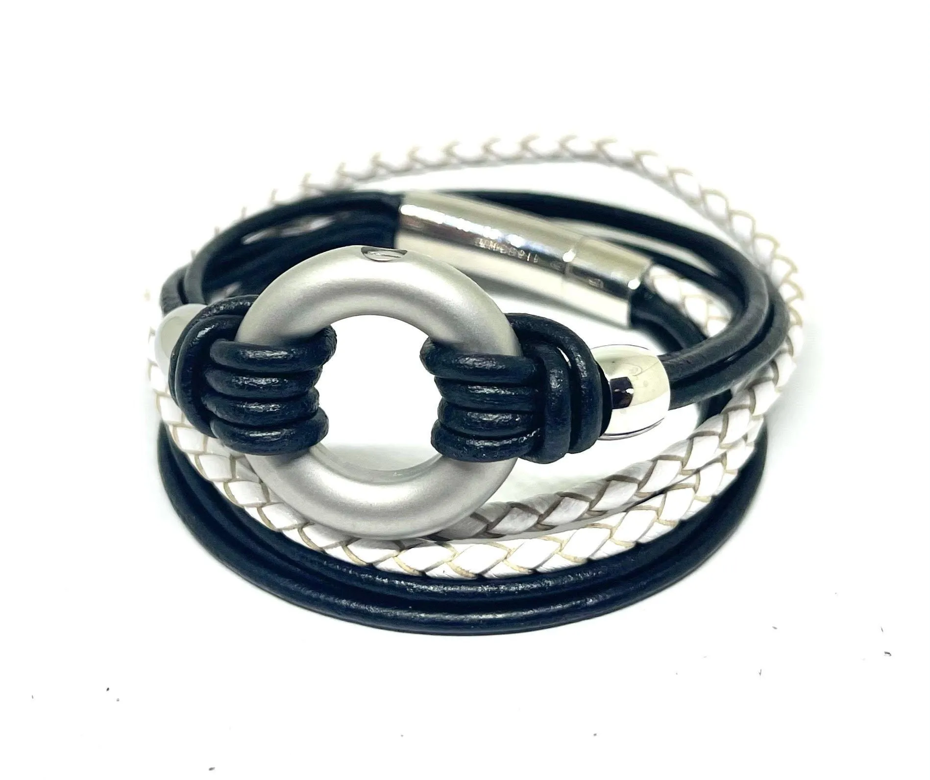 Black and White Multi Leather Double Wrap Heart Urn Bracelet
