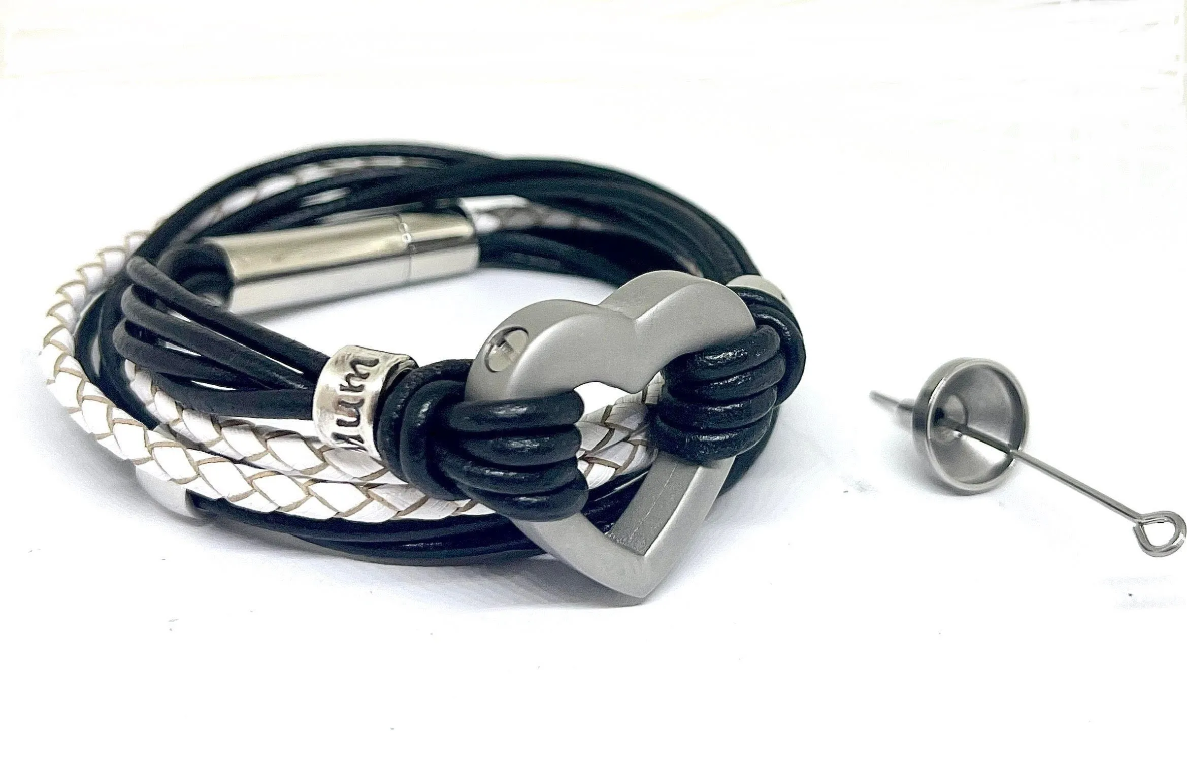 Black and White Multi Leather Double Wrap Heart Urn Bracelet