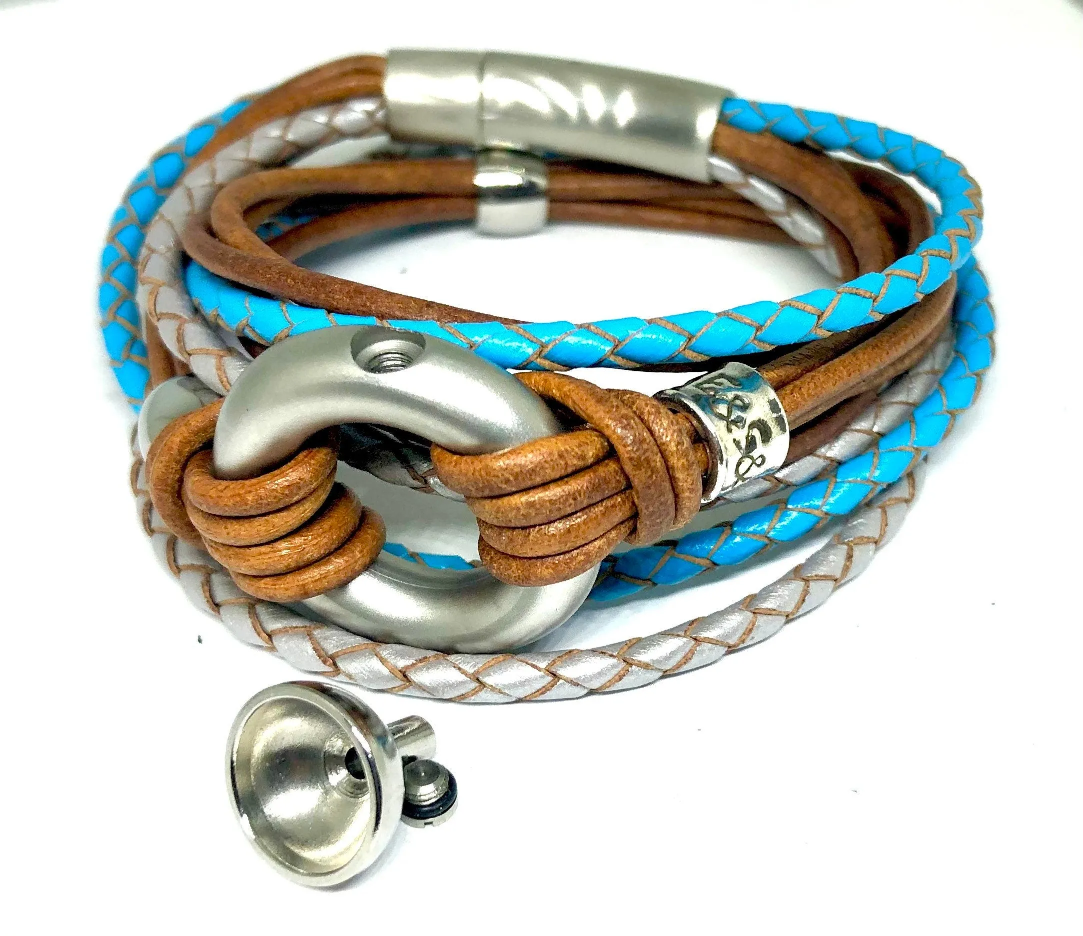Black and White Multi Leather Double Wrap Heart Urn Bracelet