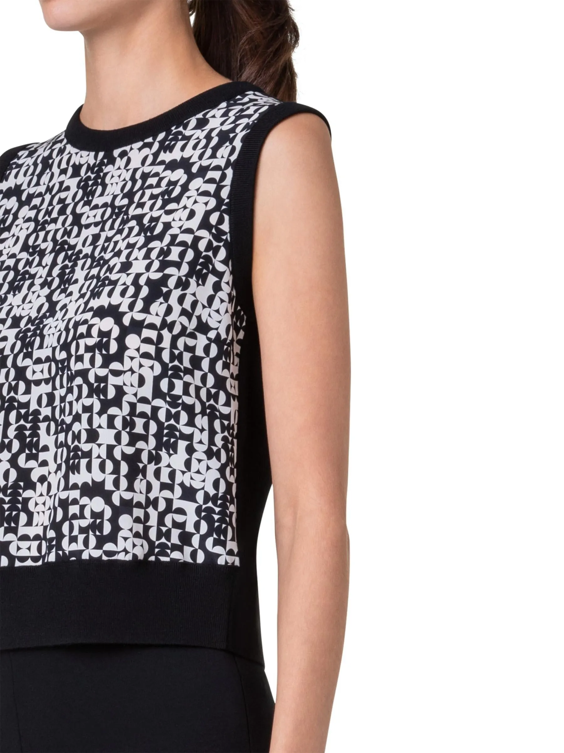 Black and White Sleeveless Wool Silk Top