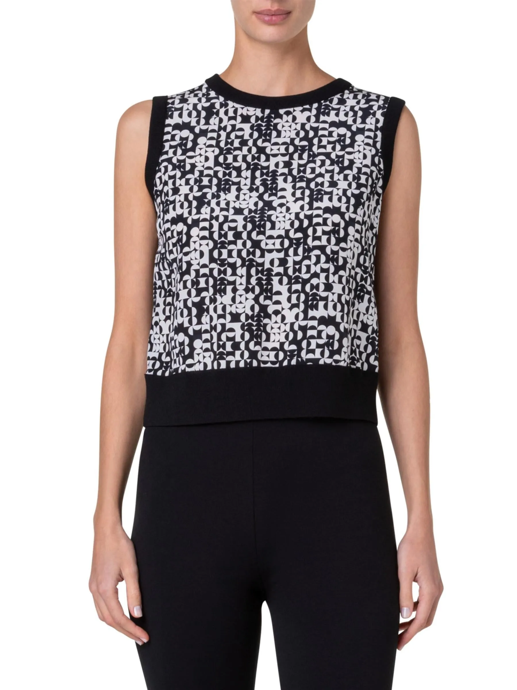 Black and White Sleeveless Wool Silk Top