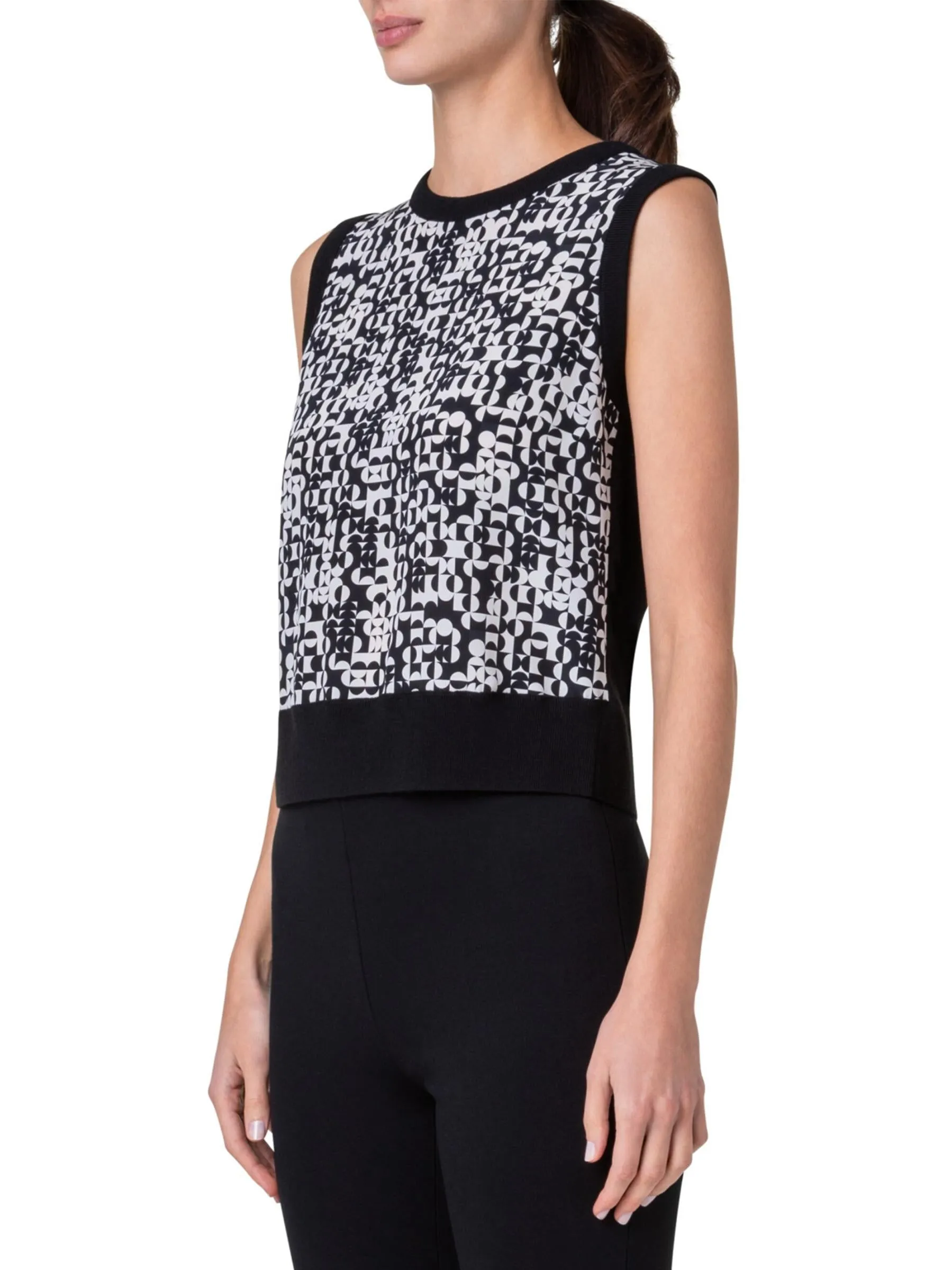 Black and White Sleeveless Wool Silk Top