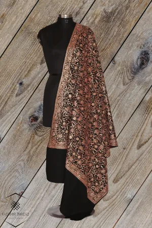 Elegant Tilla Embroidery on Black Merino Wool Shawl