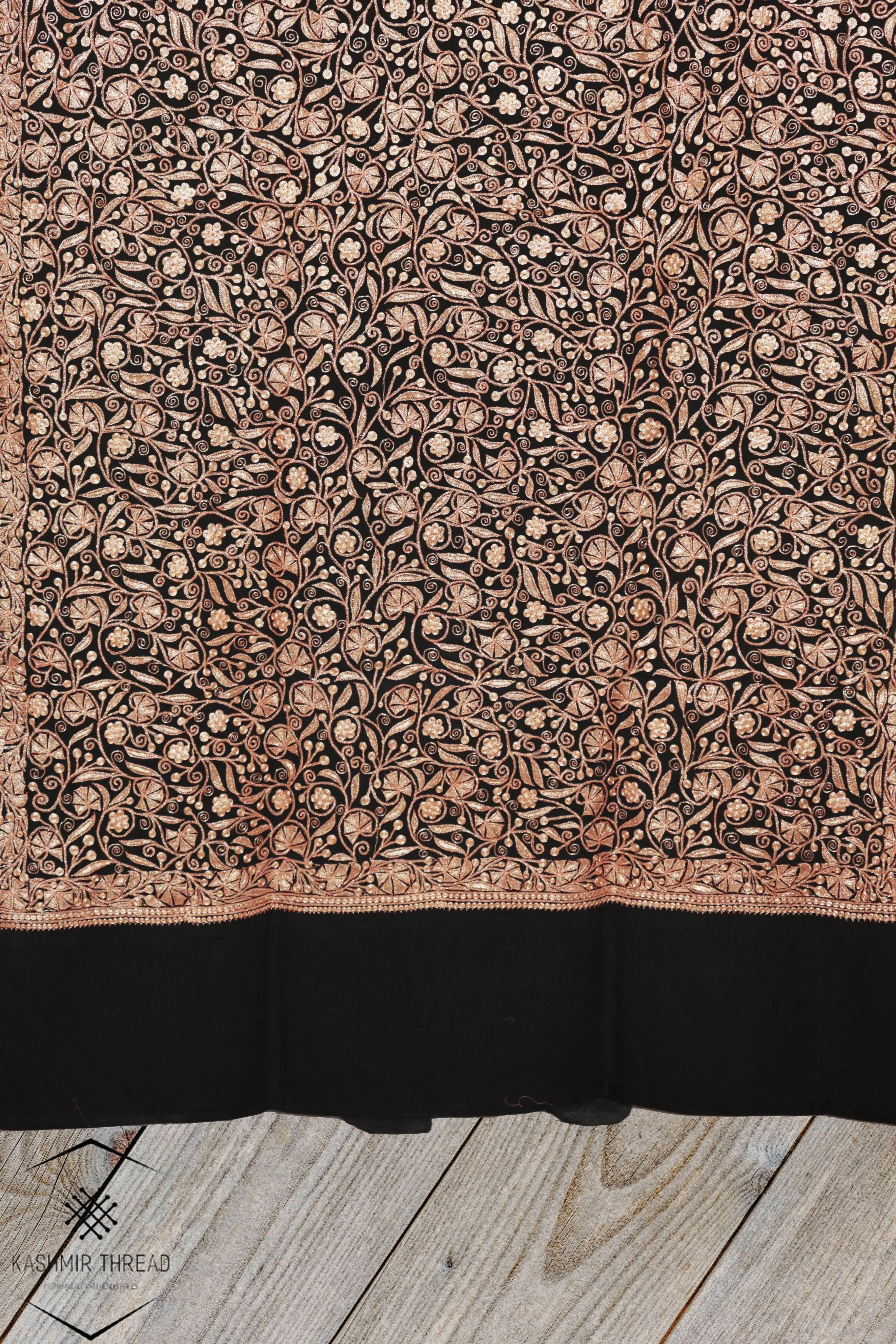 Elegant Tilla Embroidery on Black Merino Wool Shawl