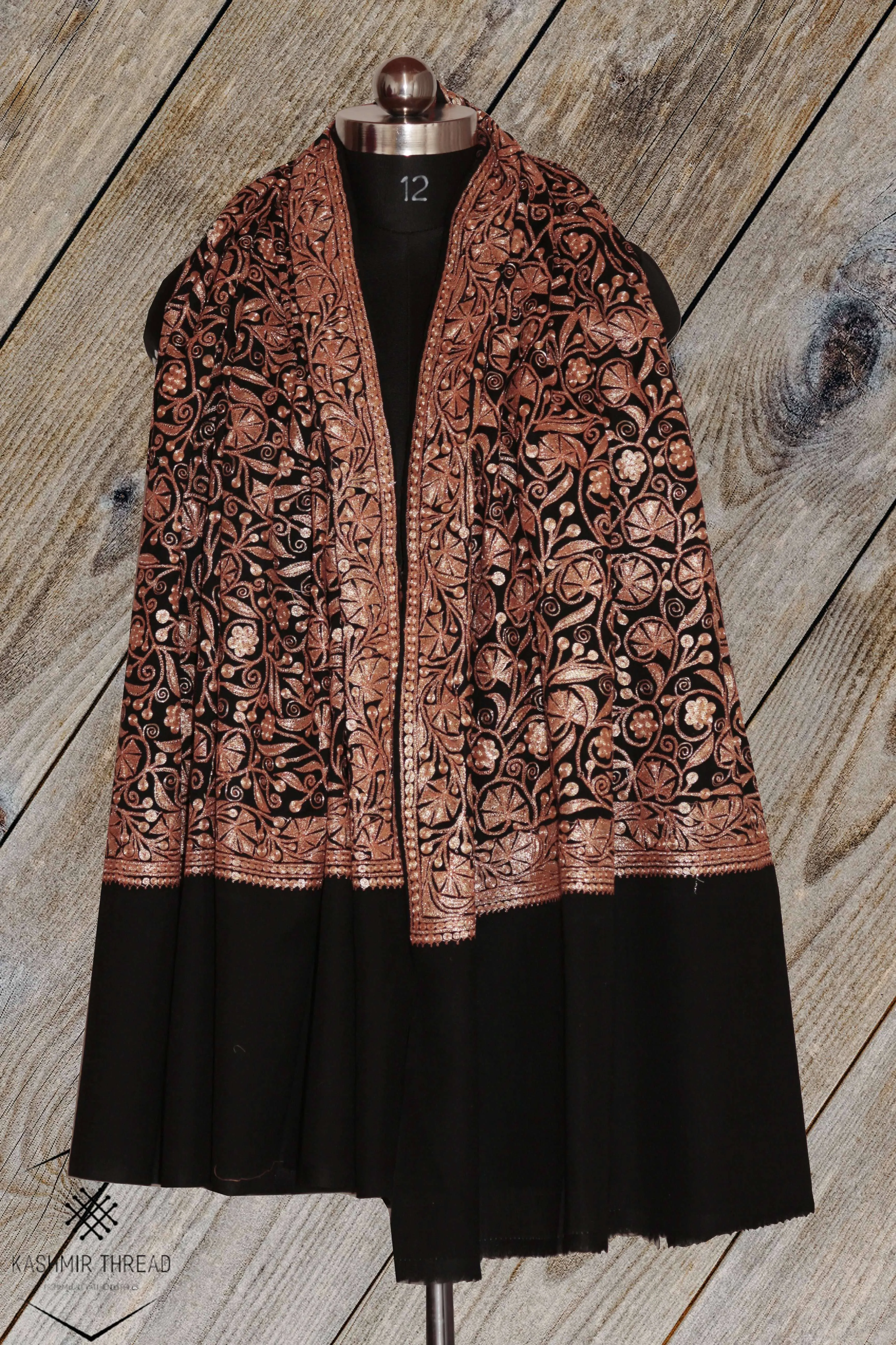Elegant Tilla Embroidery on Black Merino Wool Shawl