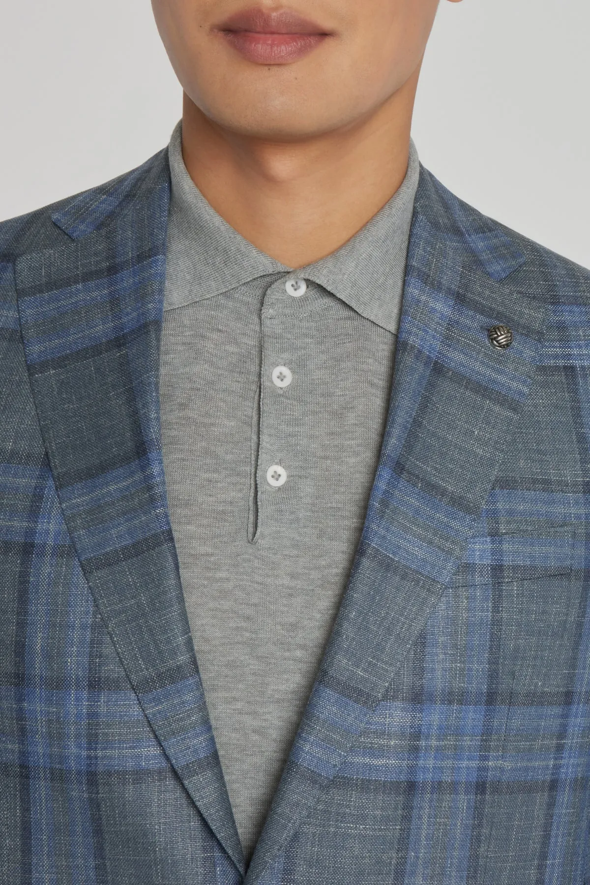 Grey and Blue Plaid Hampton Contemporary Fit Knit Wool/Silk/Linen Loro Piana Blazer - Jack Victor