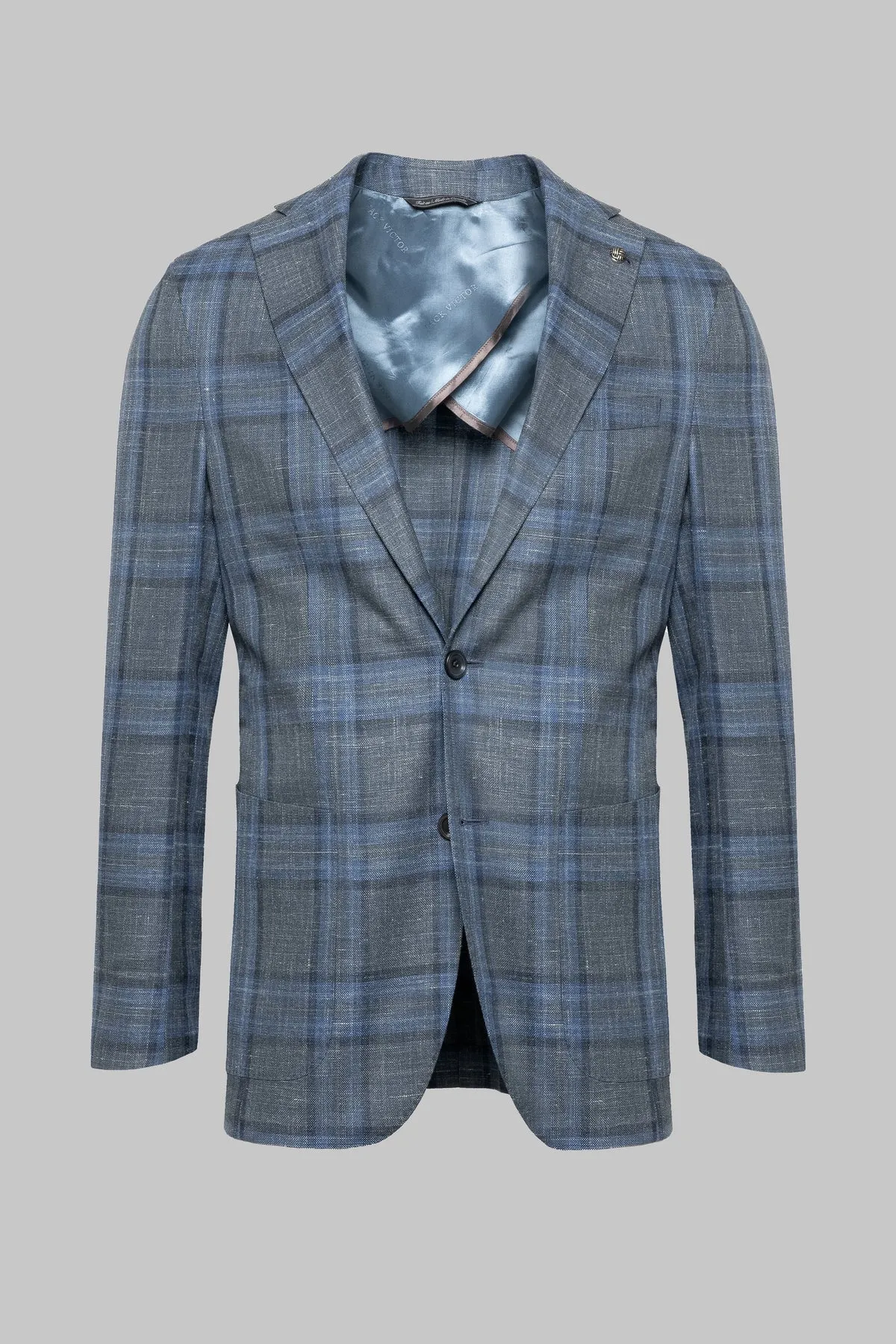 Grey and Blue Plaid Hampton Contemporary Fit Knit Wool/Silk/Linen Loro Piana Blazer - Jack Victor