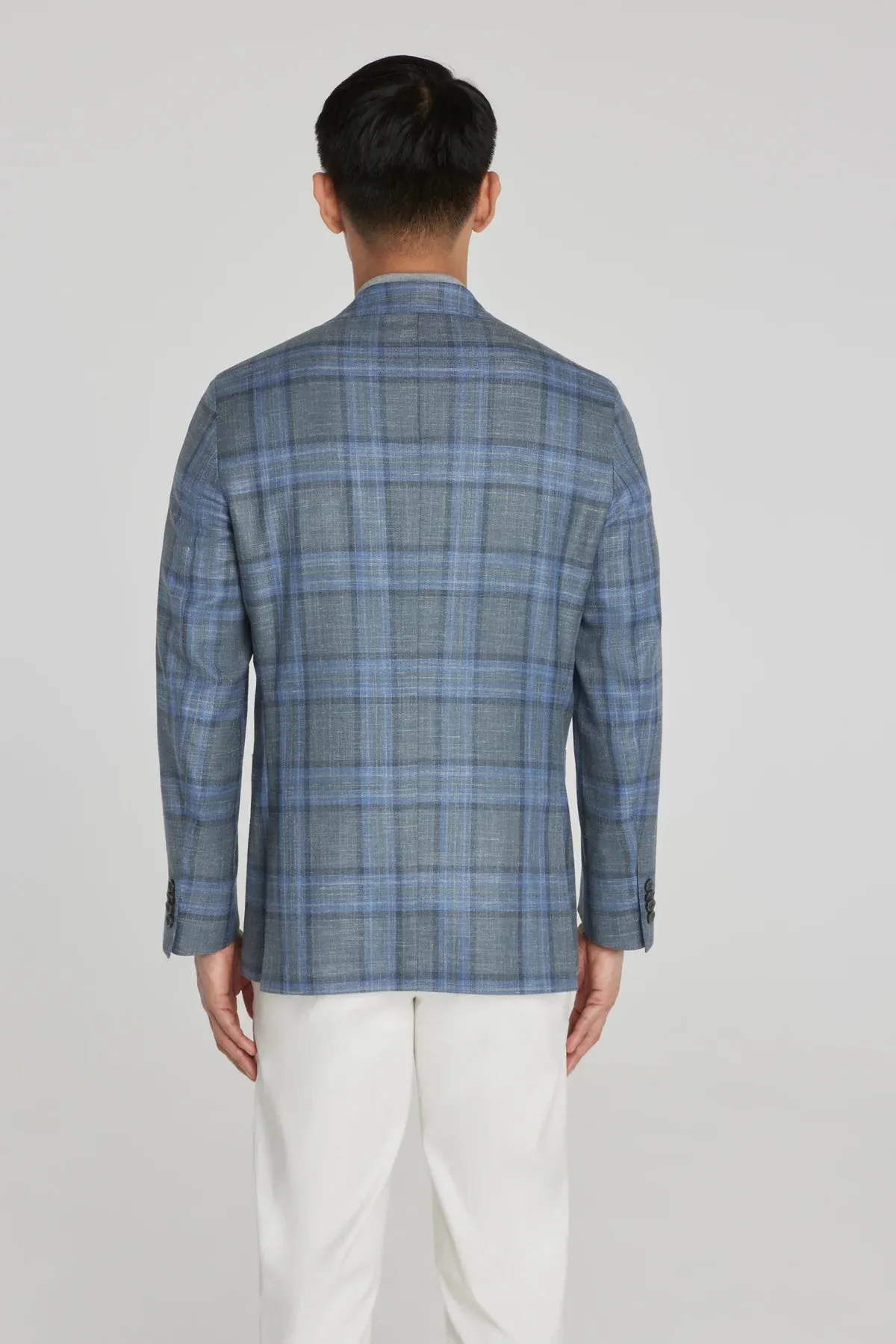 Grey and Blue Plaid Hampton Contemporary Fit Knit Wool/Silk/Linen Loro Piana Blazer - Jack Victor