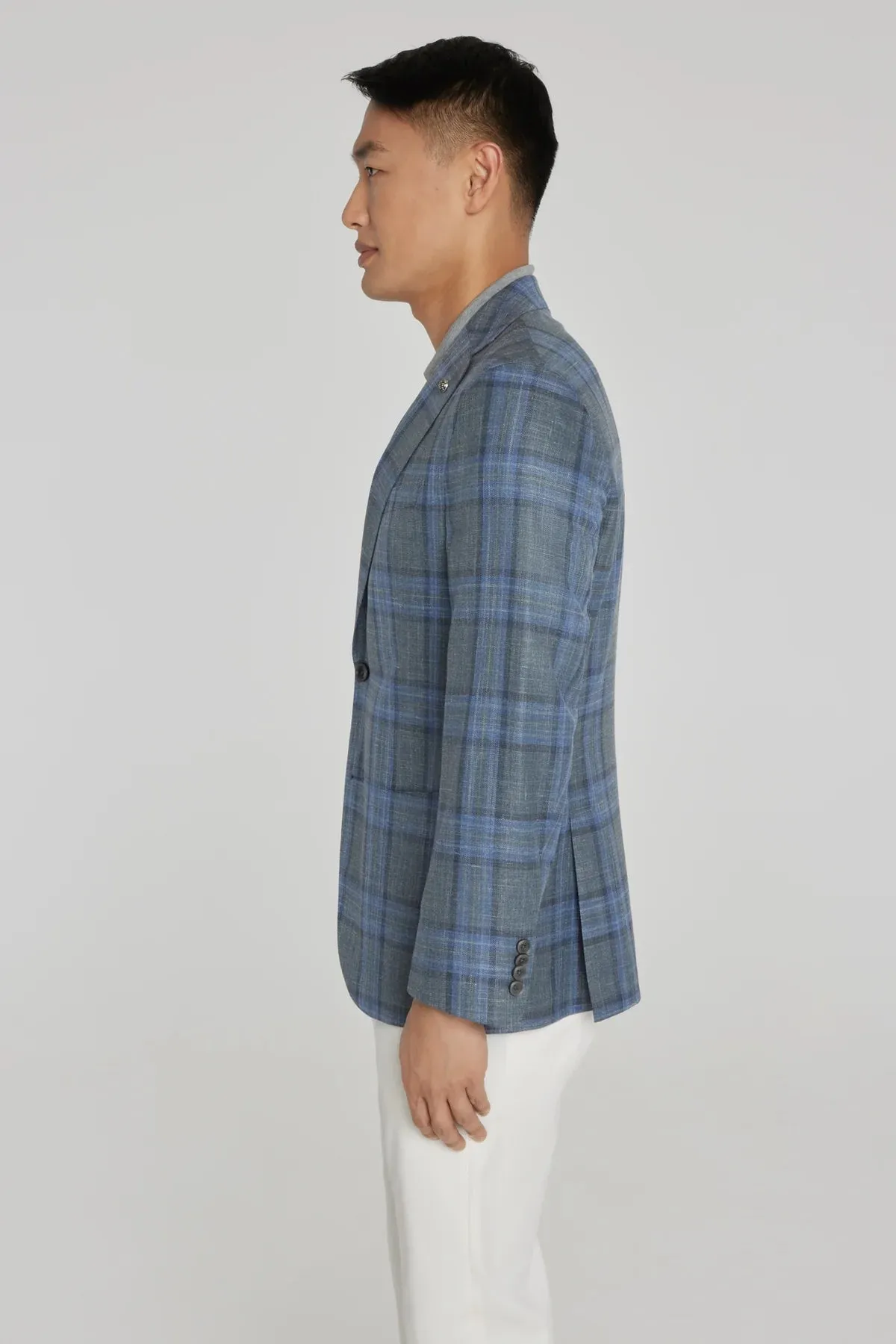 Grey and Blue Plaid Hampton Contemporary Fit Knit Wool/Silk/Linen Loro Piana Blazer - Jack Victor