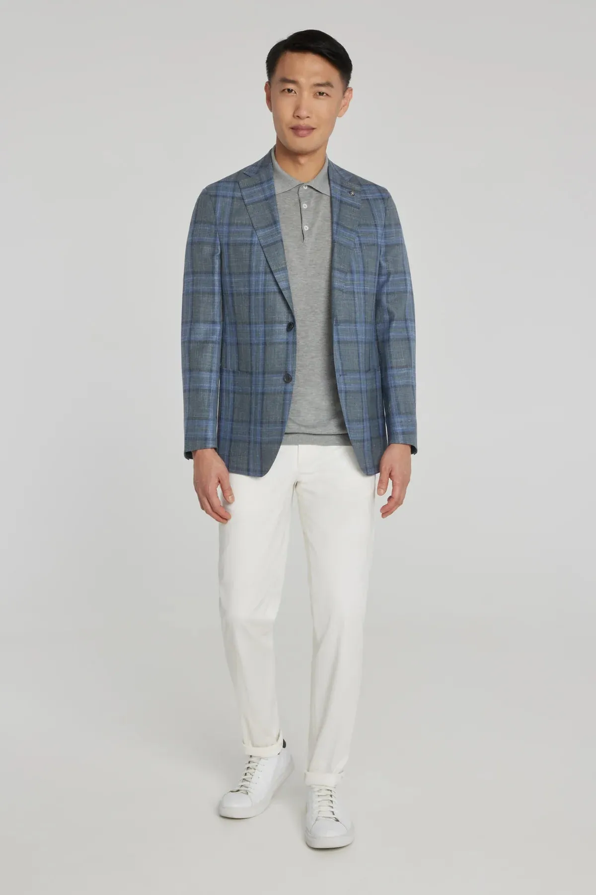 Grey and Blue Plaid Hampton Contemporary Fit Knit Wool/Silk/Linen Loro Piana Blazer - Jack Victor