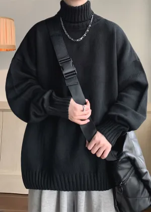 Loose Black Solid Thick Knit Mens Sweaters Turtleneck Winter RJ019