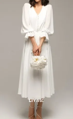 LW691 - V-Neck LOng Sleeves Knee-Length Sleek Satin Beach Wedding Dress