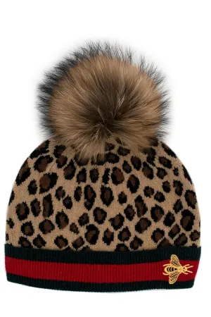 Mitchie's Matchings | Animal Print Wool Hat with Embroidered Bee and Fur Pom