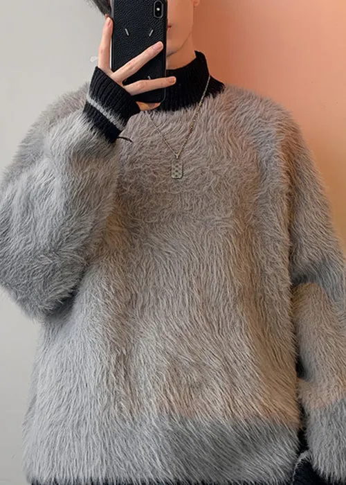 New Grey Turtleneck Patchwork Mink Velvet Sweaters Men Winter RC034