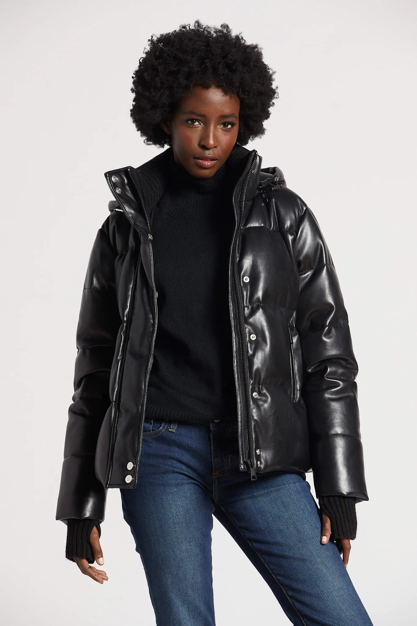 Paloma Vegan Leather Down Coat With Detachable Hood & Angora Knit Trim - Black