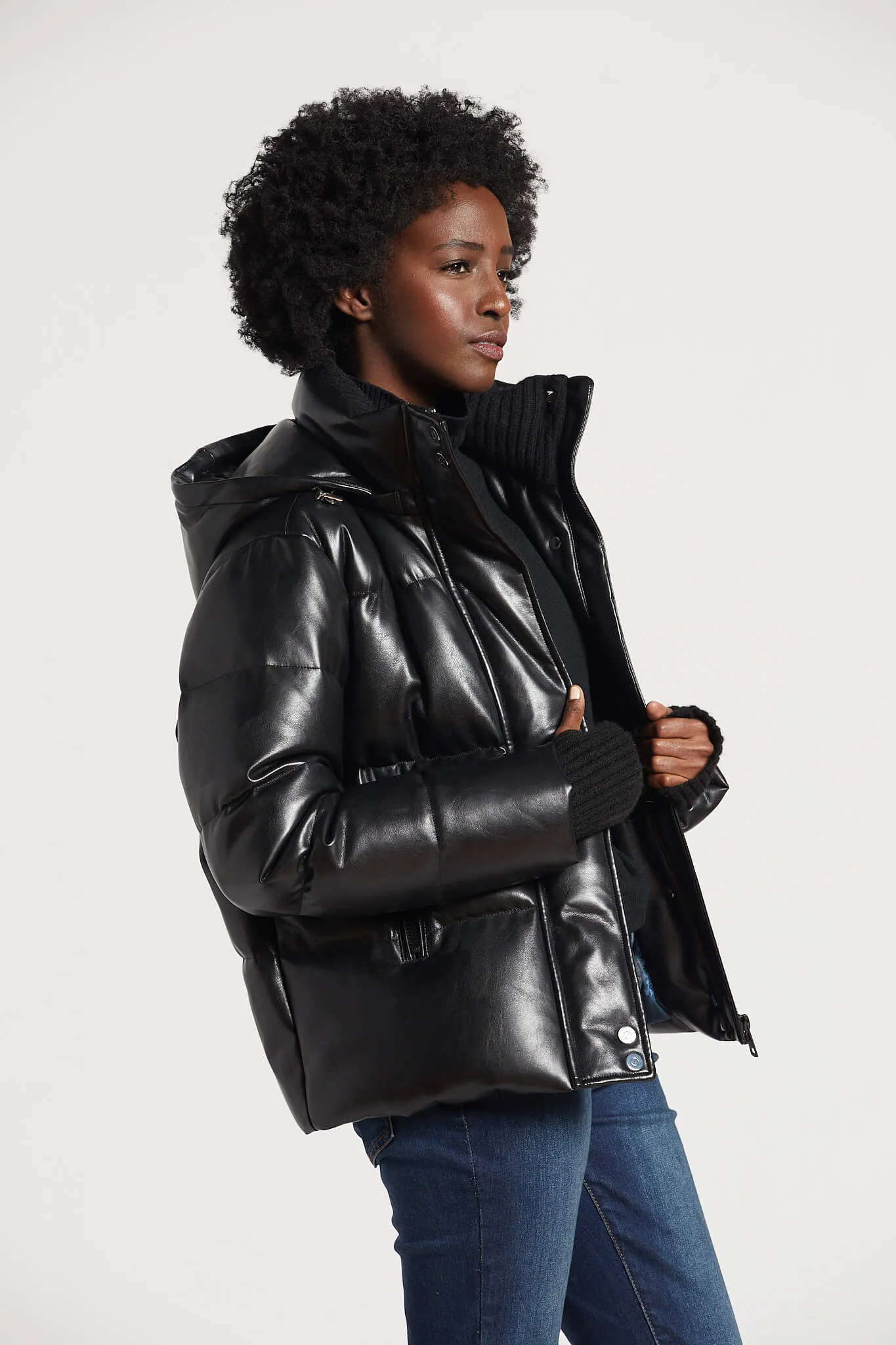 Paloma Vegan Leather Down Coat With Detachable Hood & Angora Knit Trim - Black