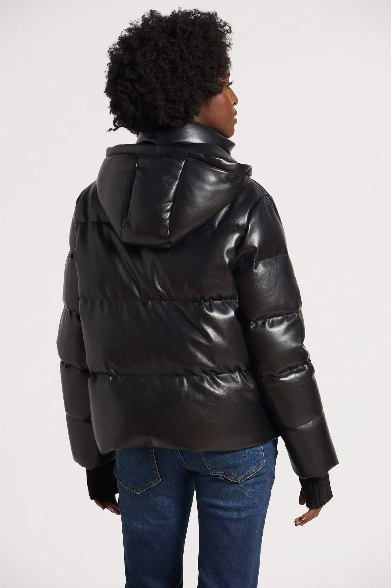 Paloma Vegan Leather Down Coat With Detachable Hood & Angora Knit Trim - Black