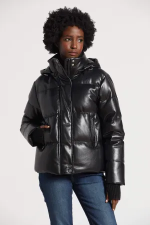 Paloma Vegan Leather Down Coat With Detachable Hood & Angora Knit Trim - Black