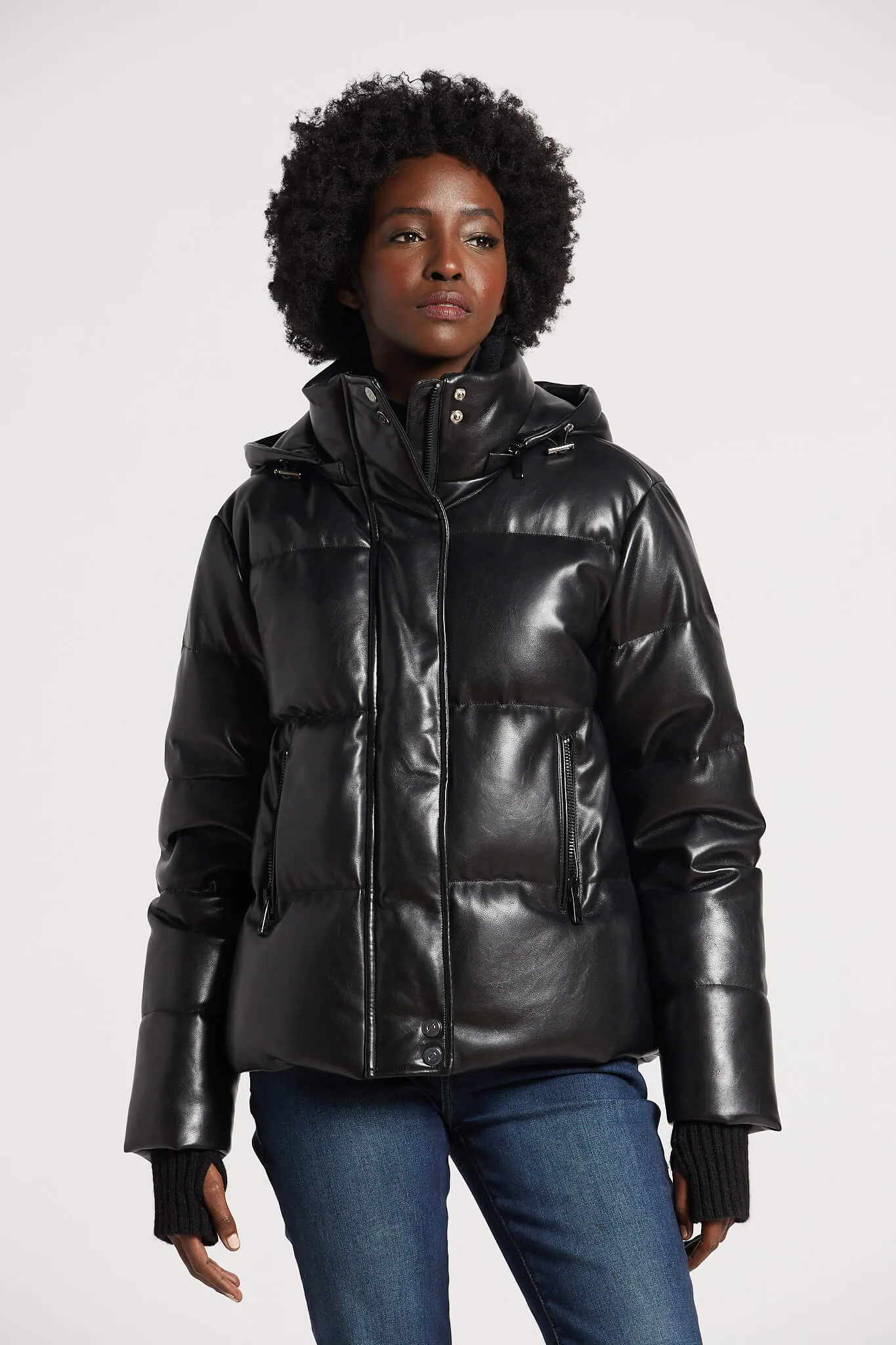 Paloma Vegan Leather Down Coat With Detachable Hood & Angora Knit Trim - Black