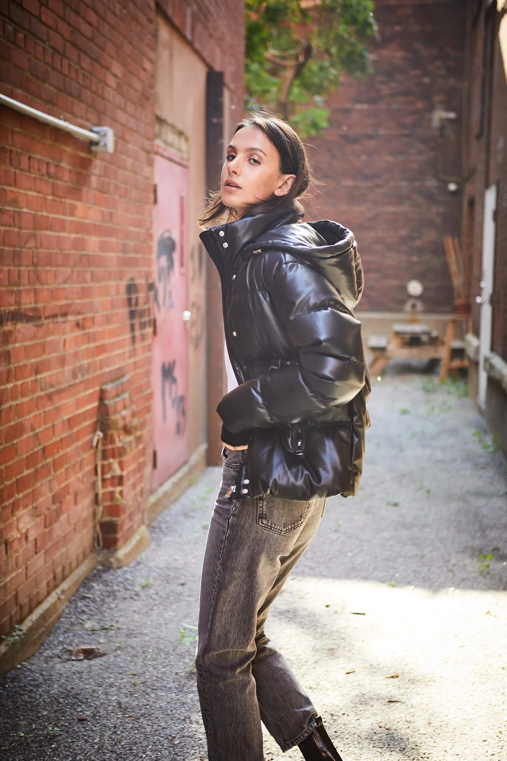 Paloma Vegan Leather Down Coat With Detachable Hood & Angora Knit Trim - Black