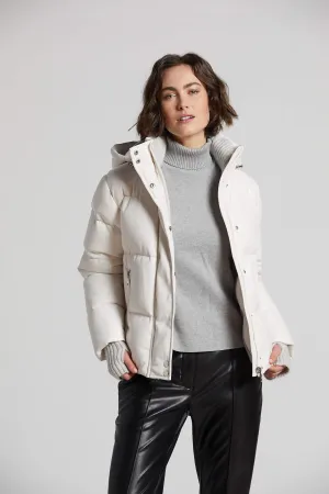 Paloma Vegan Leather Down Coat With Detachable Hood & Angora Knit Trim - White