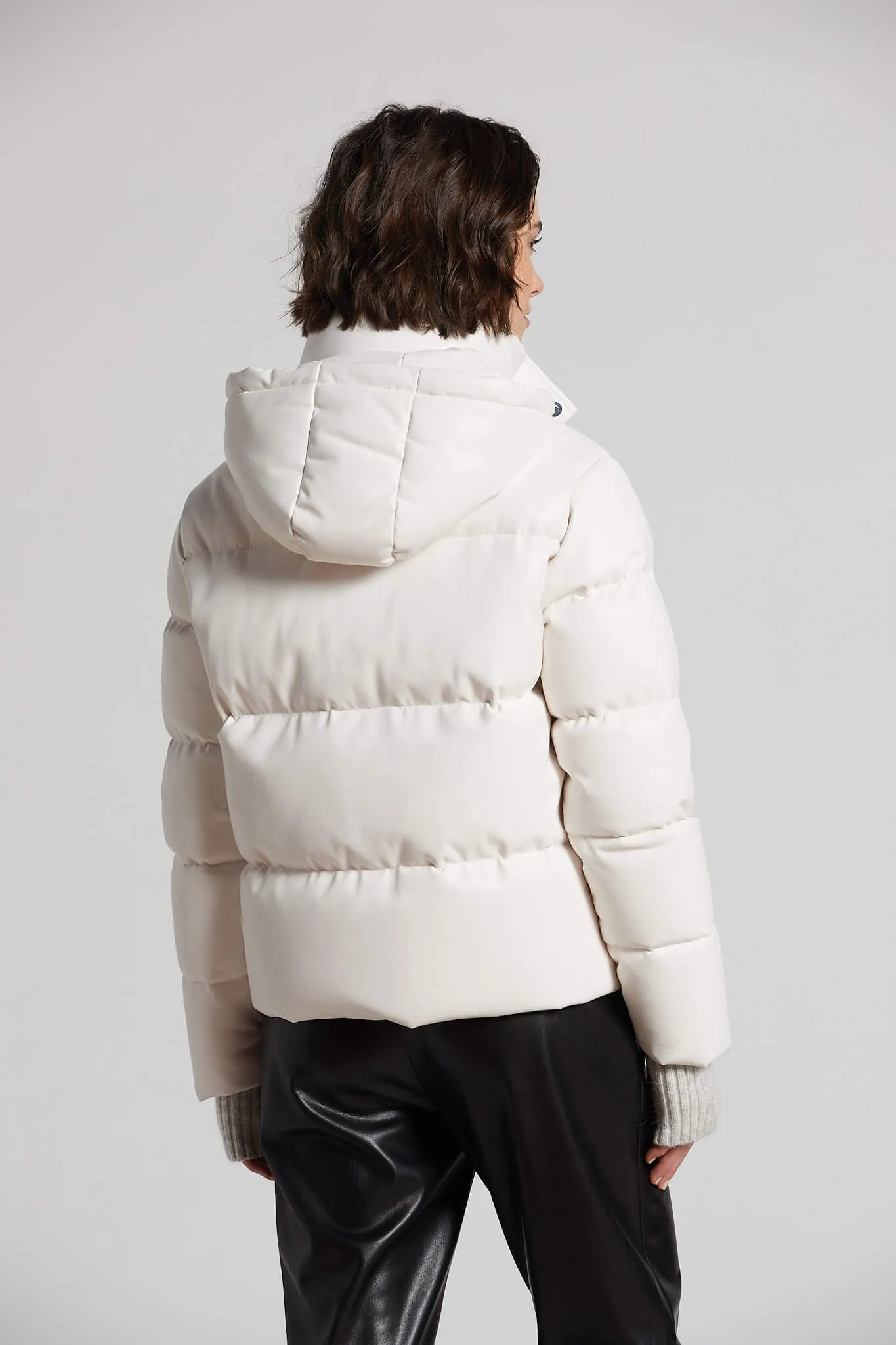 Paloma Vegan Leather Down Coat With Detachable Hood & Angora Knit Trim - White