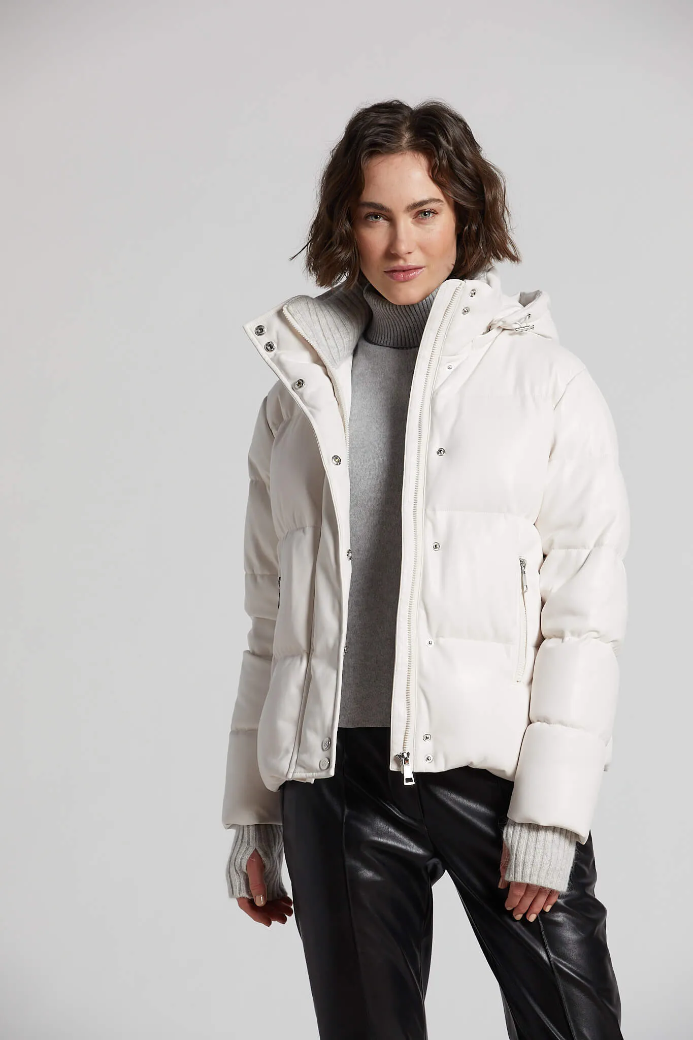 Paloma Vegan Leather Down Coat With Detachable Hood & Angora Knit Trim - White