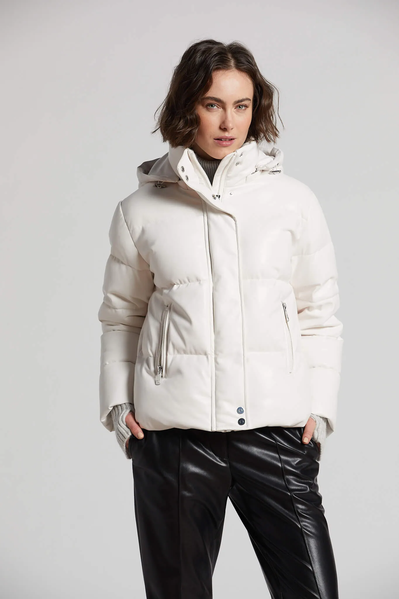 Paloma Vegan Leather Down Coat With Detachable Hood & Angora Knit Trim - White