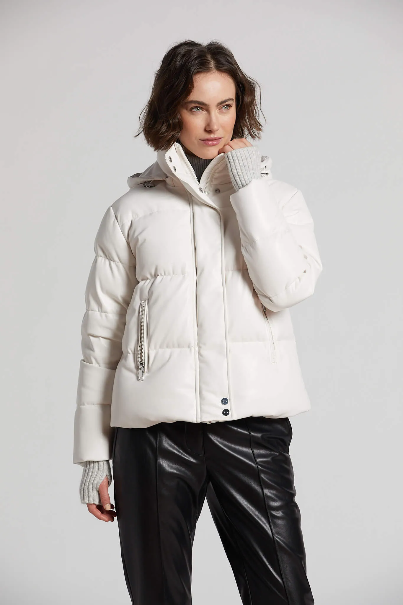Paloma Vegan Leather Down Coat With Detachable Hood & Angora Knit Trim - White