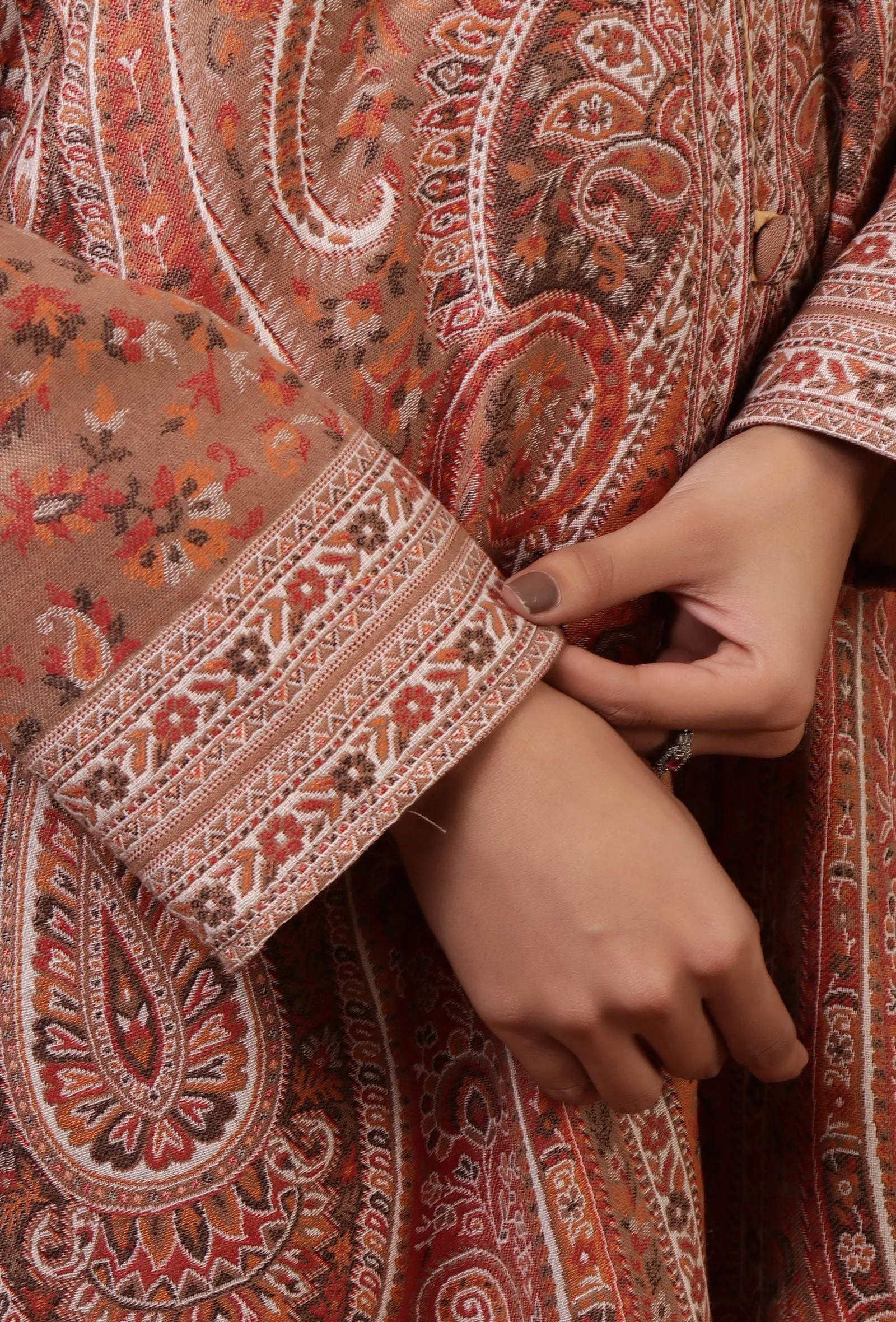 Rust Beige & Multicolor Kani Embroidered Long Jacket