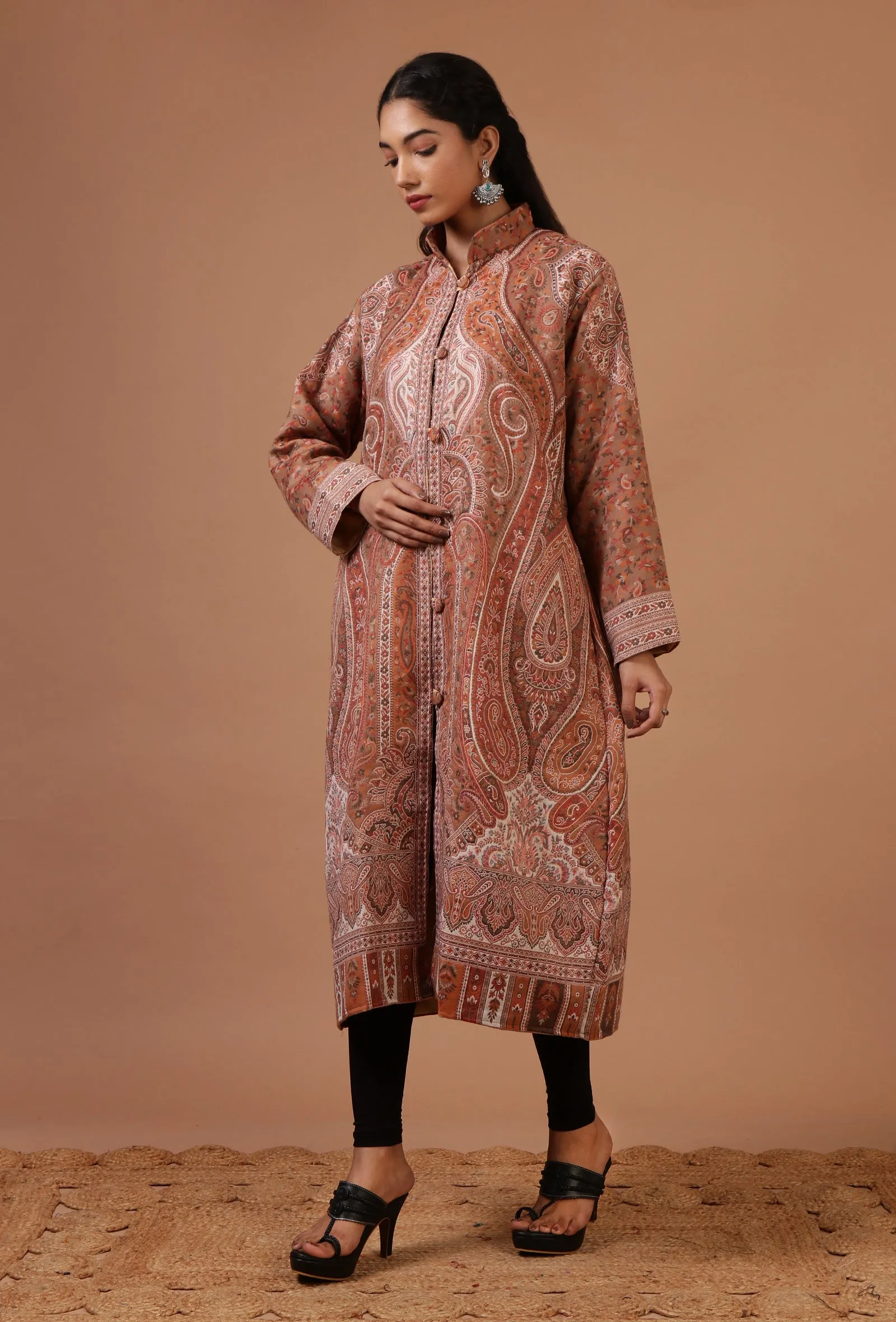 Rust Beige & Multicolor Kani Embroidered Long Jacket