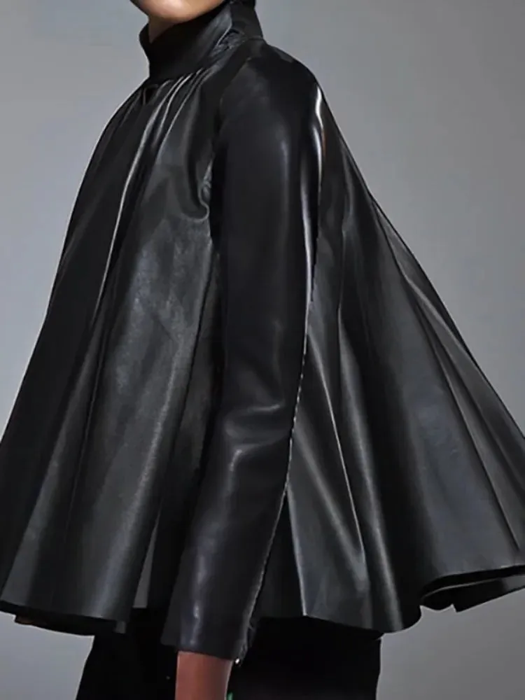 TEEK - Black Faux Leather Pleated A-line Blouse