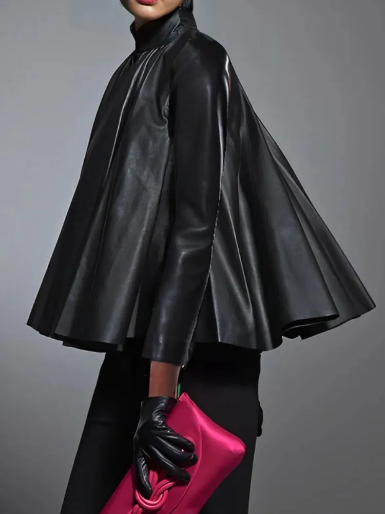 TEEK - Black Faux Leather Pleated A-line Blouse