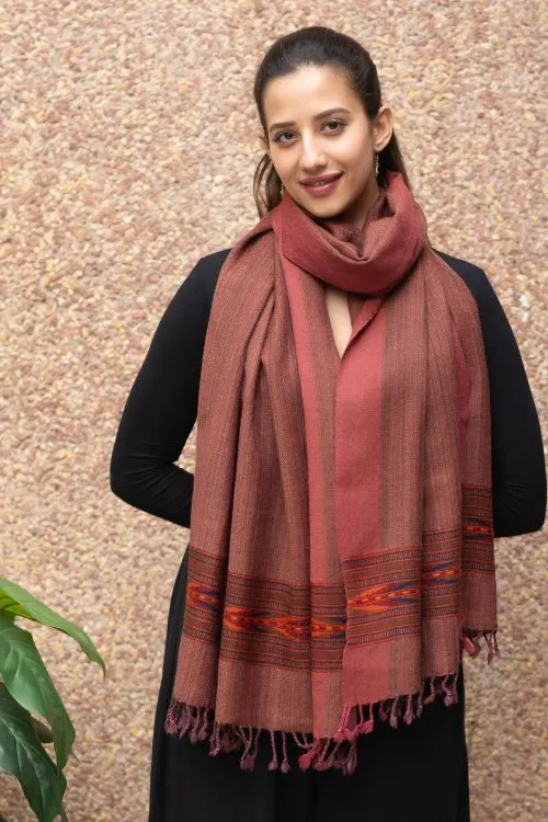 TICH Fine, Soft Himachal Wool Self Striped Stole - Pale Rust