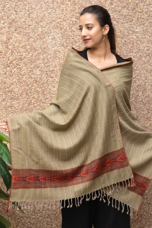 TICH Fine, Soft Himachal Wool Self Striped Stole - Warm Beige