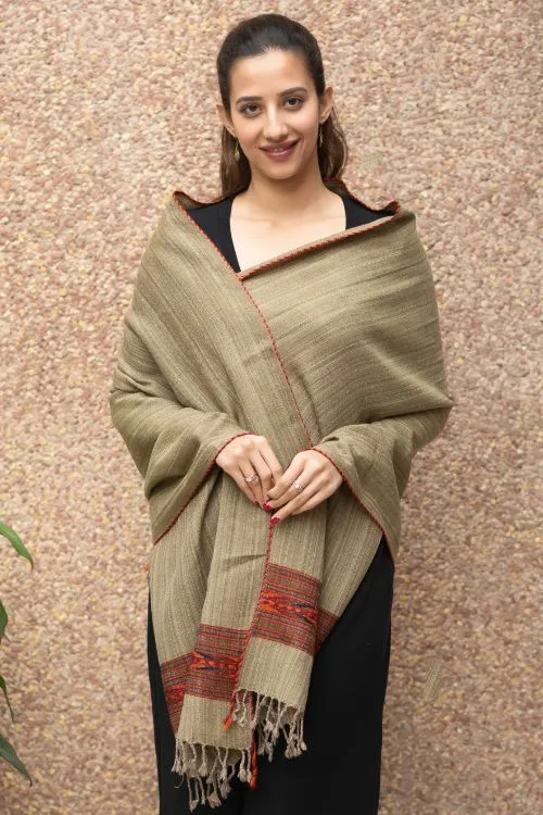 TICH Fine, Soft Himachal Wool Self Striped Stole - Warm Beige