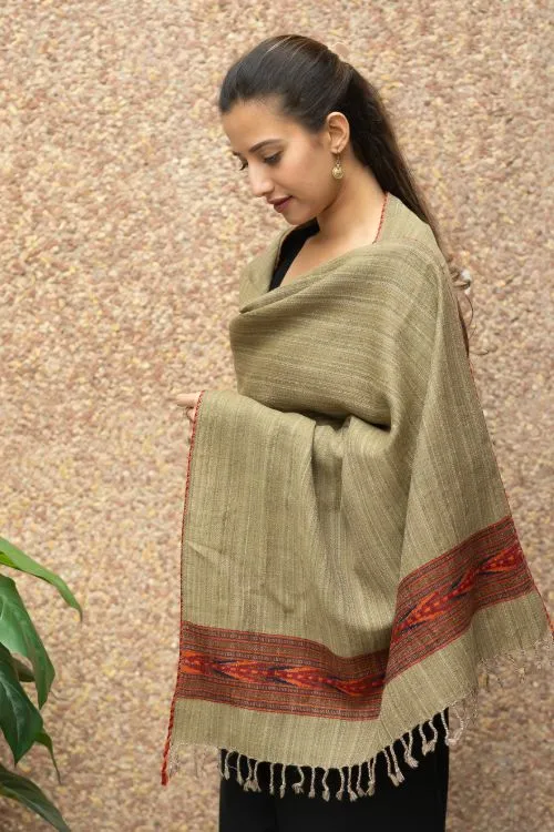 TICH Fine, Soft Himachal Wool Self Striped Stole - Warm Beige
