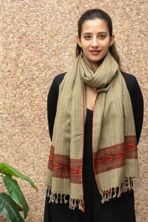 TICH Fine, Soft Himachal Wool Self Striped Stole - Warm Beige
