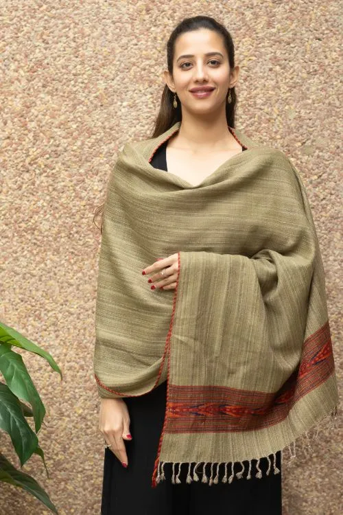 TICH Fine, Soft Himachal Wool Self Striped Stole - Warm Beige