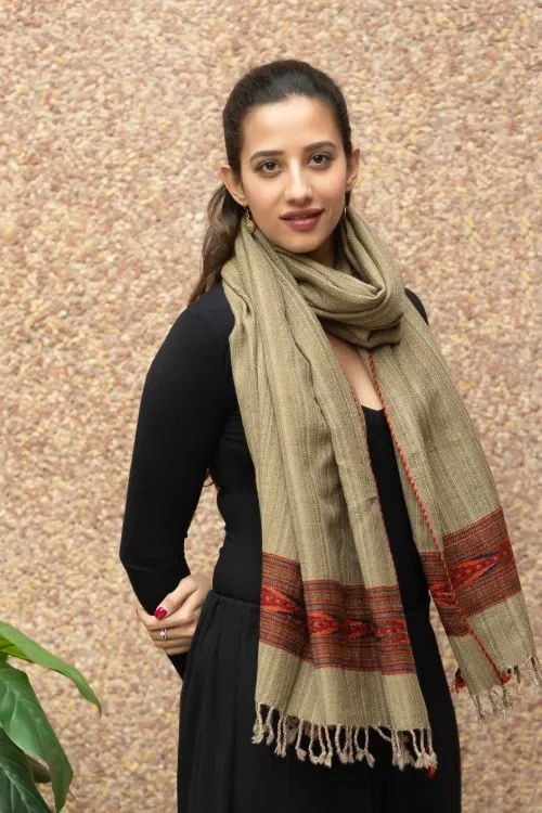 TICH Fine, Soft Himachal Wool Self Striped Stole - Warm Beige