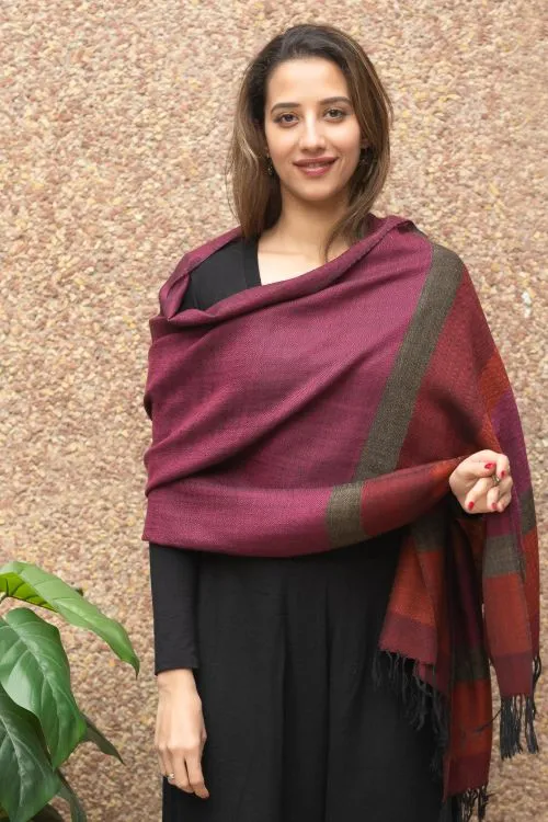 TICH Fine, Soft Himachal Wool Striped Stole - Deep Pink
