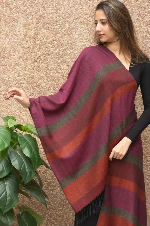 TICH Fine, Soft Himachal Wool Striped Stole - Deep Pink