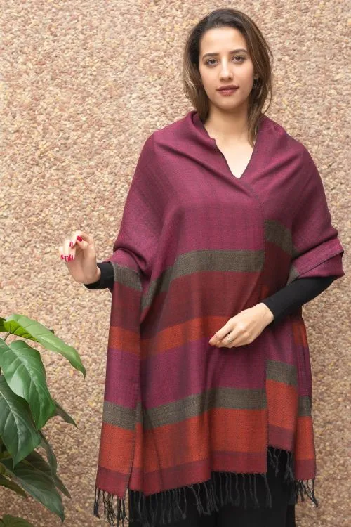 TICH Fine, Soft Himachal Wool Striped Stole - Deep Pink