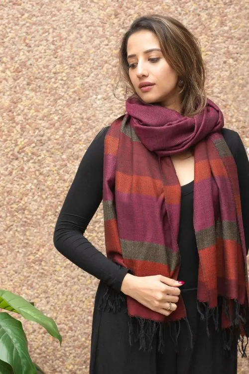 TICH Fine, Soft Himachal Wool Striped Stole - Deep Pink