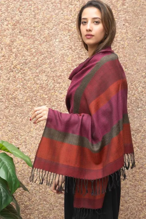 TICH Fine, Soft Himachal Wool Striped Stole - Deep Pink