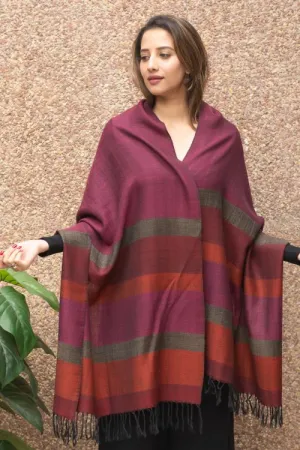 TICH Fine, Soft Himachal Wool Striped Stole - Deep Pink