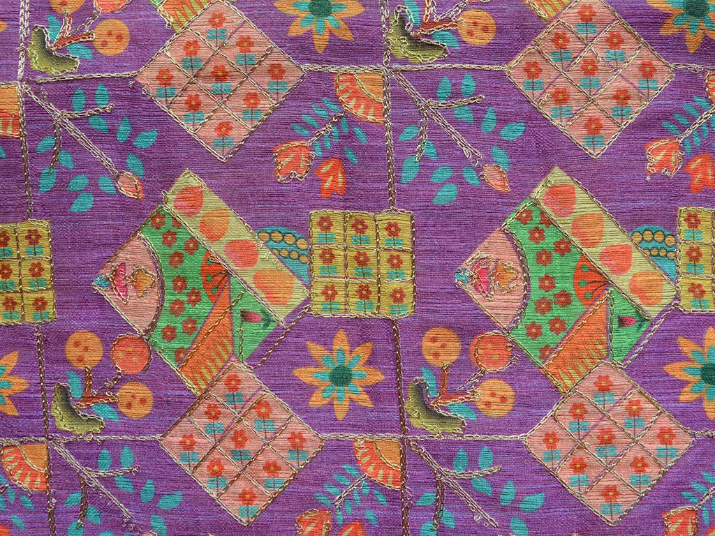 Violet Traditional Digital Print Heavy Zari Embroidered Mulberry Silk Fabric