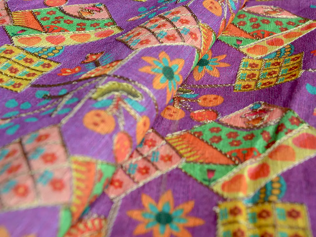 Violet Traditional Digital Print Heavy Zari Embroidered Mulberry Silk Fabric