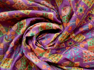 Violet Traditional Digital Print Heavy Zari Embroidered Mulberry Silk Fabric